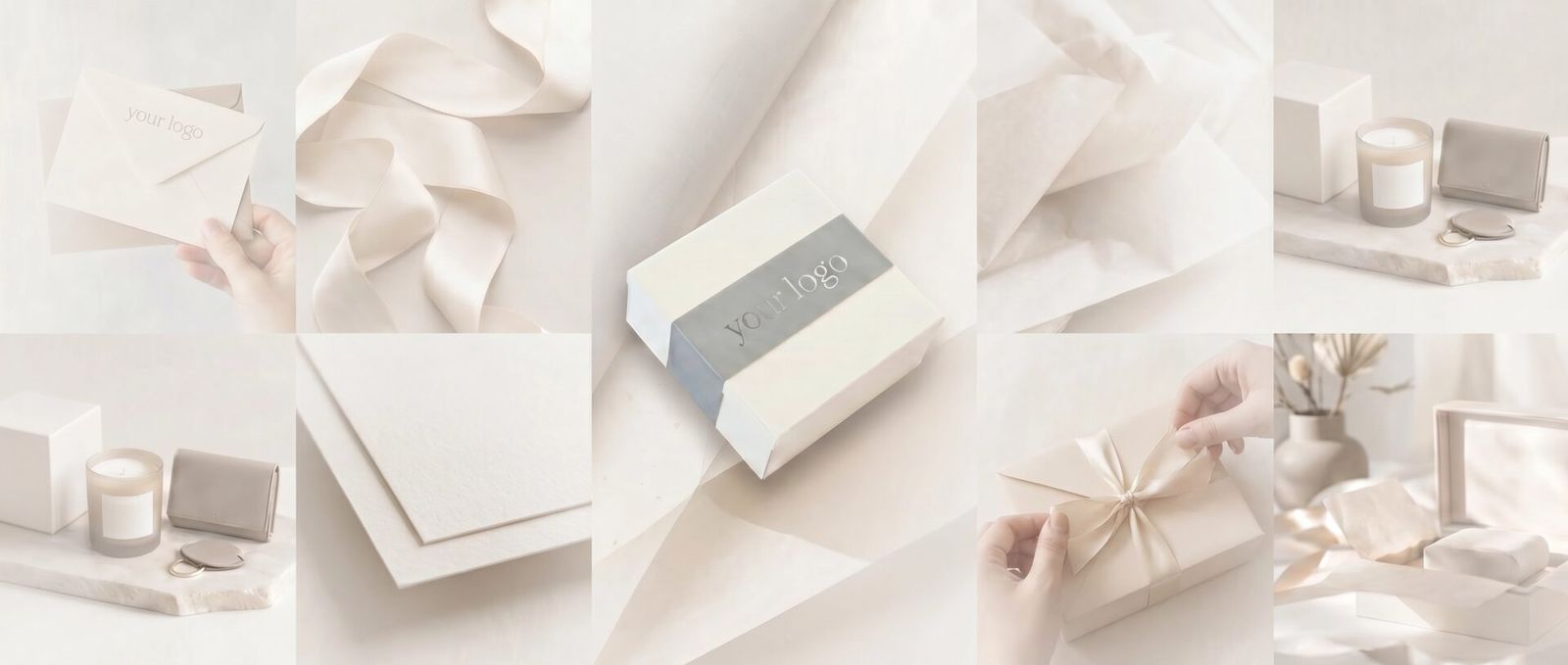 Emboxed gift presentation — branded boxes, wax seal, ribbon, stationery, and candle details